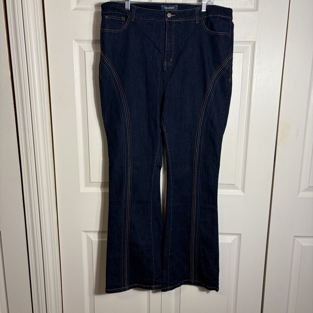 ModCloth Flare Jeans Women 18W Blue Dark Wash Embroidered Rainbow High Rise Boho